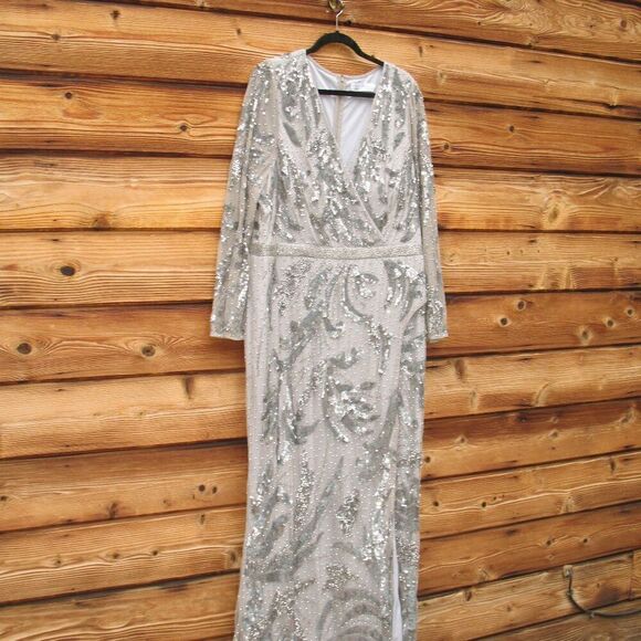 Mac Duggal 20263 Womens Silver SEQUINED FAUX WRAP SPLIT LONG SLEEVE GOWN Dress - Picture 6 of 14